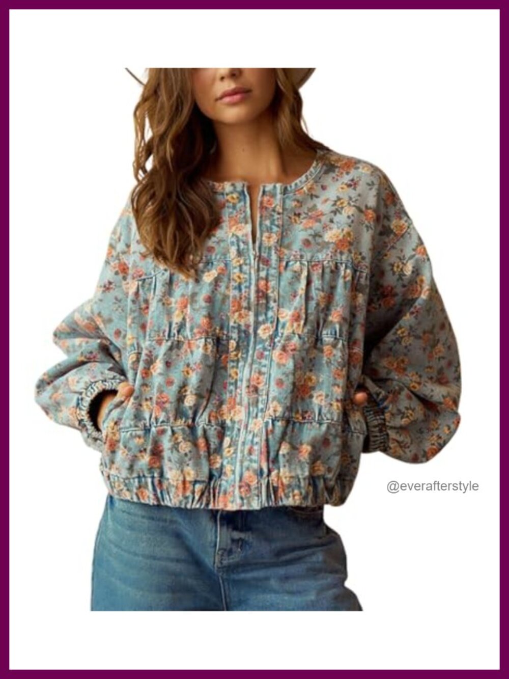Oversized Floral Denim Bomber Jacket Zip Up Jean Jacket